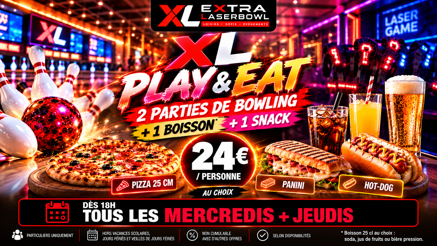 XL PLAY & EAT – 2 parties de bowling + boisson + snack à 24 €